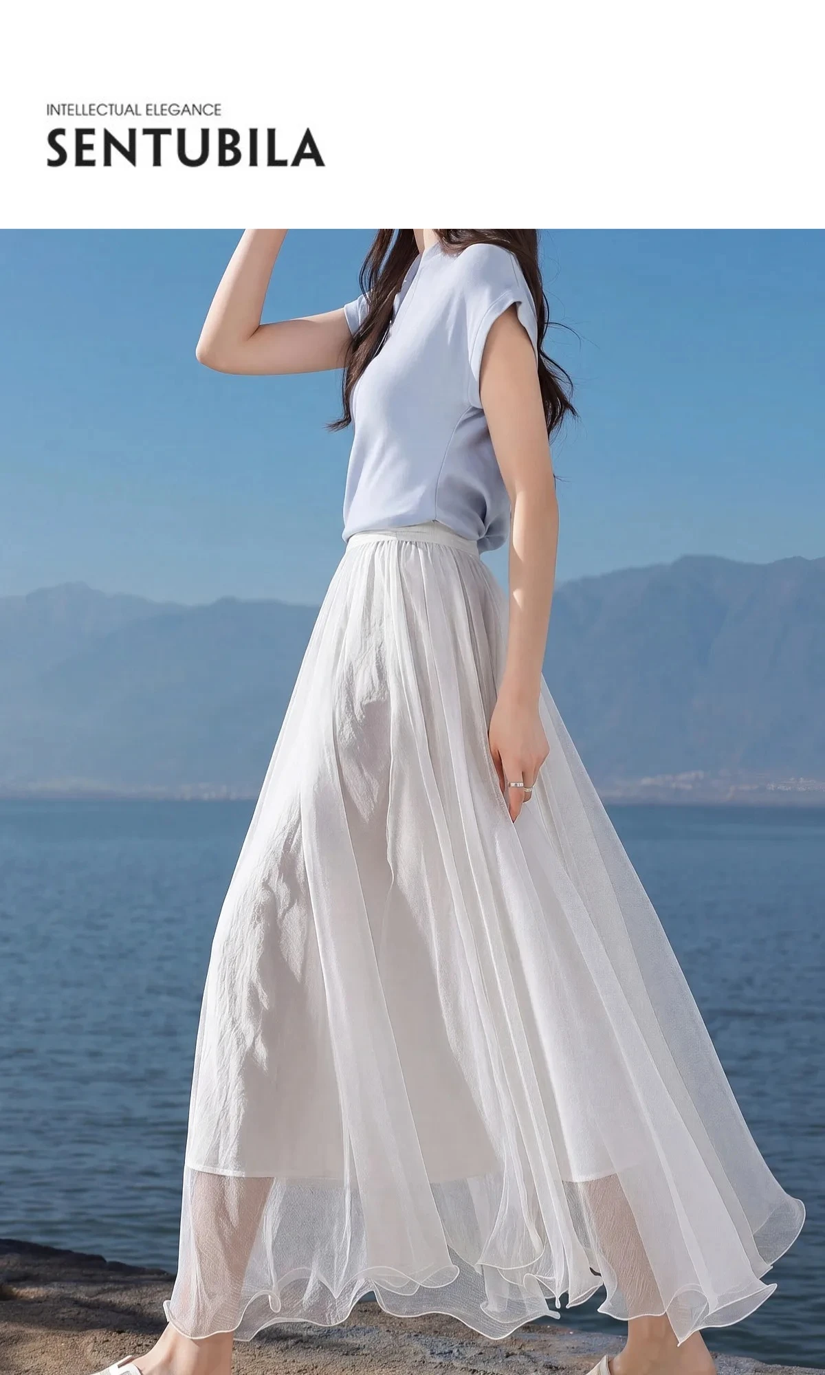 SENTUBILA Eleganter Hochgeschnittener Schimmernder Chiffon A-Linien-Rock 2026 Sommer Weißer Netzrock mit Elastischem Bund Damen-Unterteil W62QG7415 – Detail 1