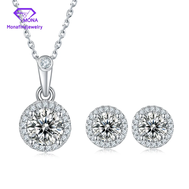 

Fine Jewelry 1 CT Round Shape Moissanite Diamond Stud Eearrings & Pendant Necklace Sets Silver Plated with White Gold For Women