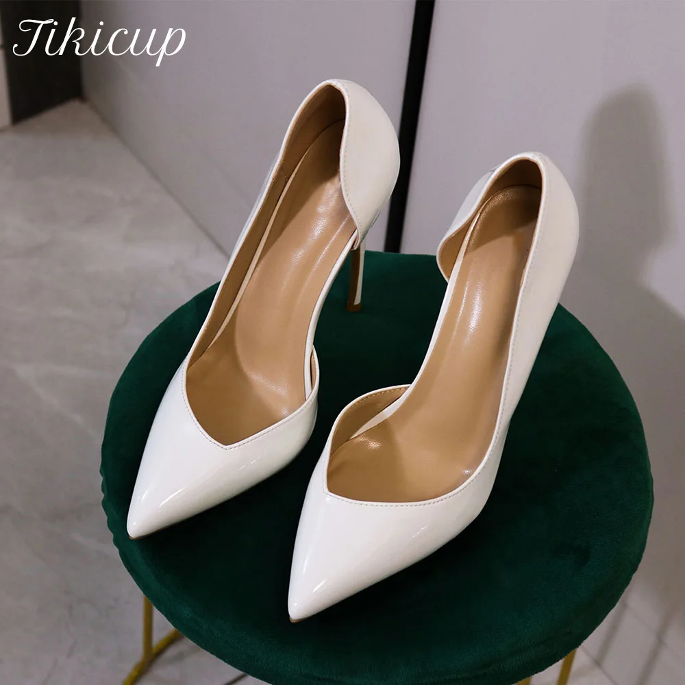 Elegant Super Shallow Mouth White 12cm Stiletto High Heels Pointed Toe Sexy Side Cutout Design Dress Pumps for Party Wedding