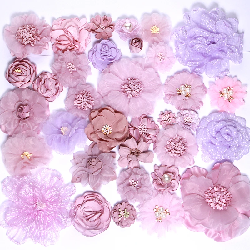 

34Pcs Purple Pink Series Satin Chiffon Fabric Flowers For Baby Girls Headbands Head Flower For Hair Accessories Craft Projects