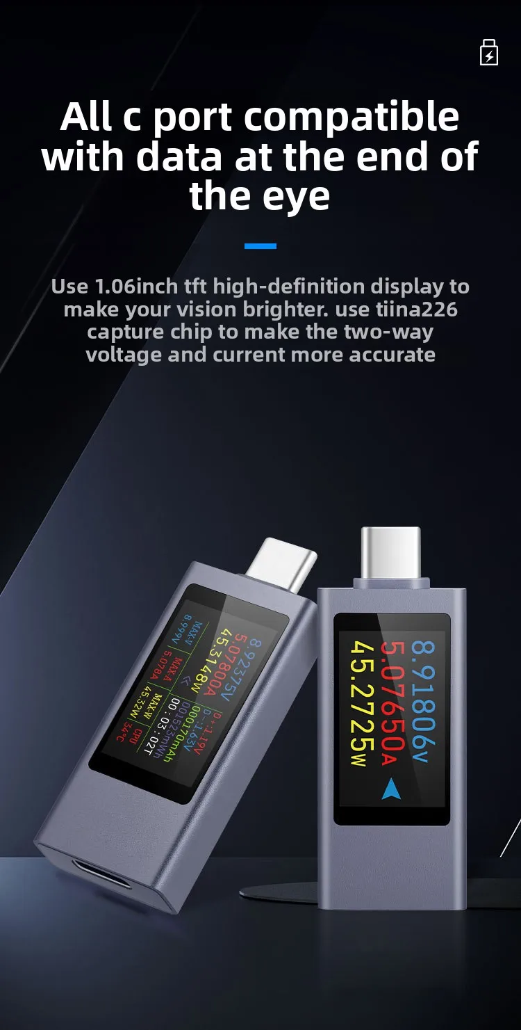 

2303C mobile phone charging detector supports 12A high current PD DC voltage meter power meter TYPE-C