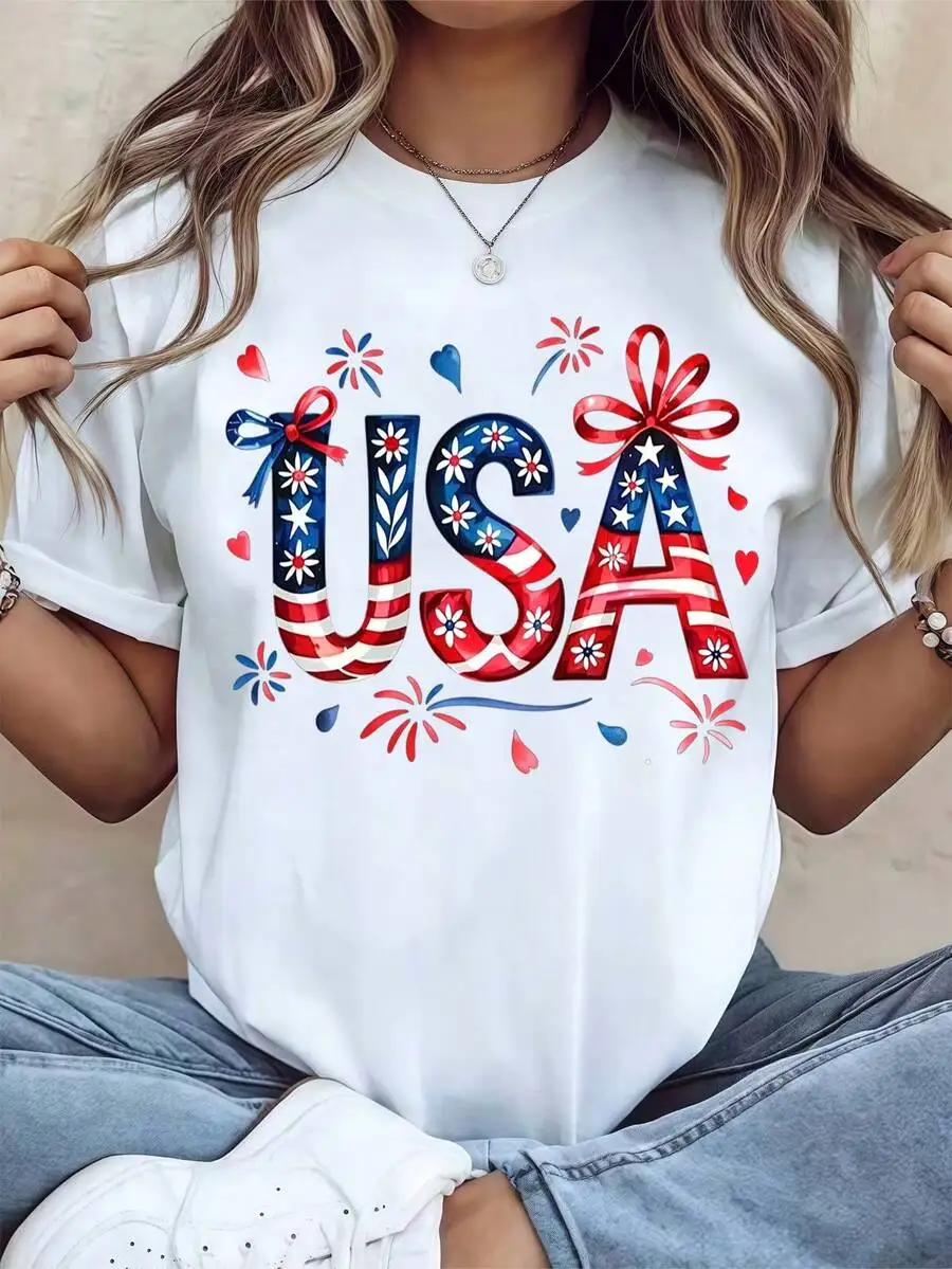 2026 New Fashion Women Crew Neck Short Sleeve T-Shirt USA Patriotic Stars And Stripes Flag With Bow Decor Graphic Print Independence Day Celebration Casual Tops Basic Top T-Shirt
