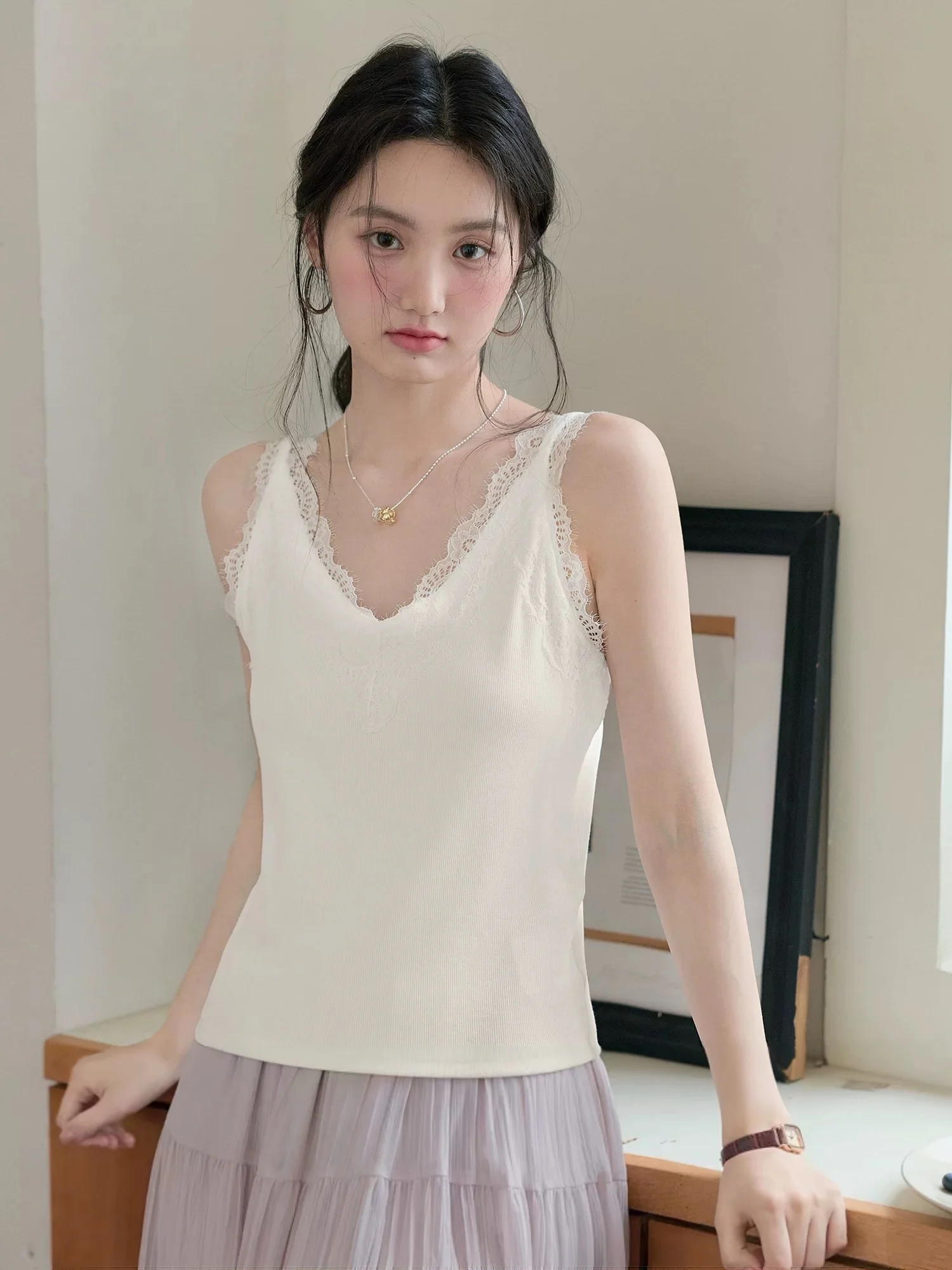 Women's Slim Fit Tank Top 95 Cotton Lace Trim Summer Base Layer Outerwear Inner Matchings Big Size plus Size MM