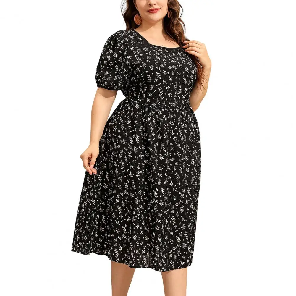 Robe mi-longue à col carré, grande taille, manches courtes, taille serrée, grand ourlet, imprimé Floral, décontractée, vêtements féminins, été