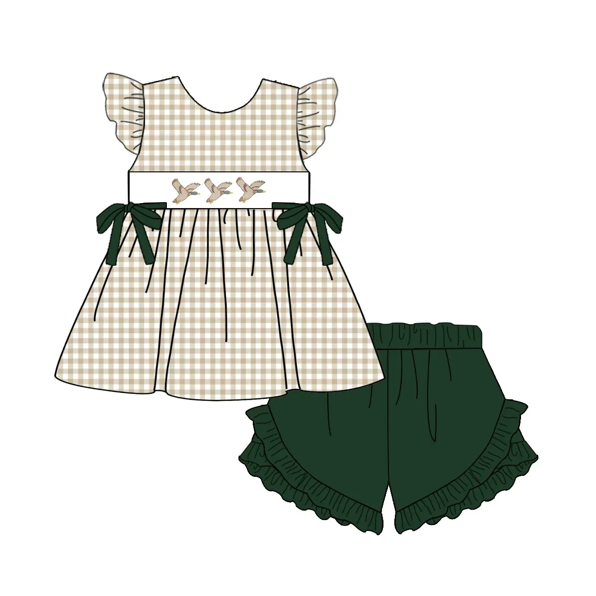 Children's clothing new boutique children set pearl duck print shorts lace suspenders girls men plaid shorts set baby romper