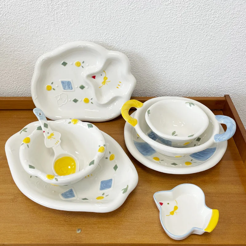 

Embossed Pigeon Cake Plate Household Ceramic Tableware and Rice Bowls Disc Deep Plate Cream Cute High Beauty