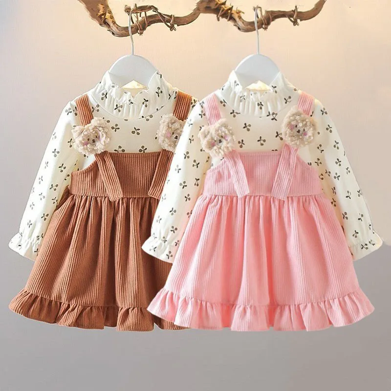 Fake Two Pieces Dress Corduroy Cartoon Bear Cherry Print Splicing Dresses Girls Princess Birthday Gift Kid Spring Autumn Clothes