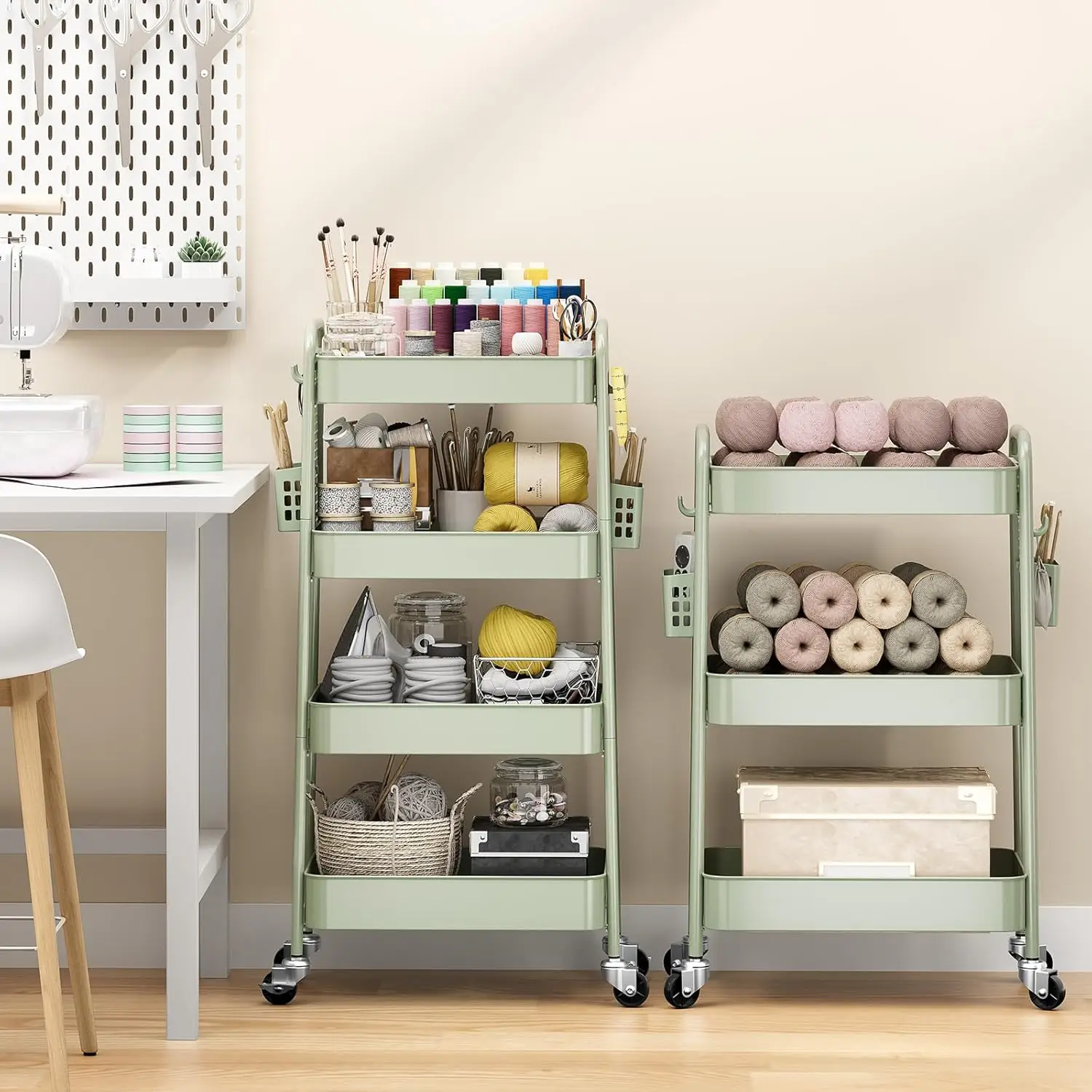 Close-up of Pegboard and Hooks on Rolling Cart
