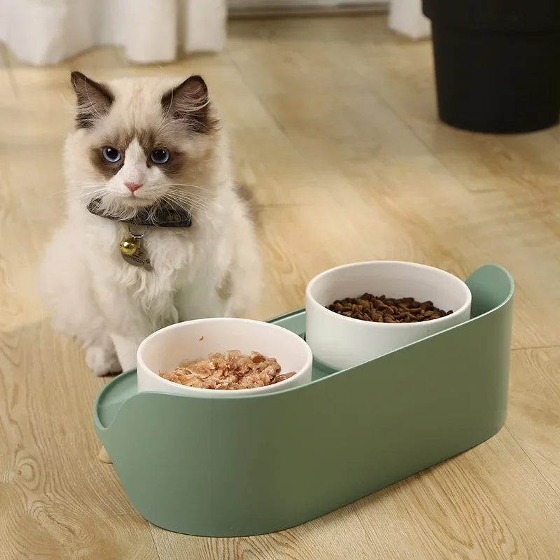 Elevated Cat Food Water Bowl Set Raised Cat Bowls with Non Slip Stand Double Ceramic Cat Feeding Bowls with Splash Proof Guard