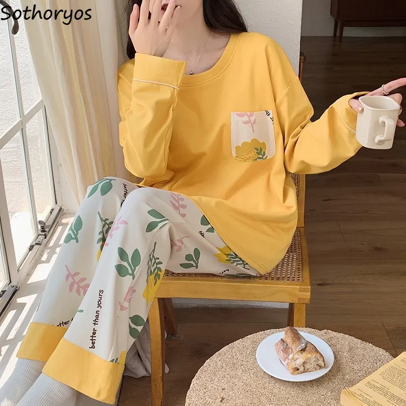 Pajama Sets Women Autumn with Chest Pads Korean Fashion Long Sleeve Printed Harajuku Home Clothing Daily Gentle Simple Outdoor