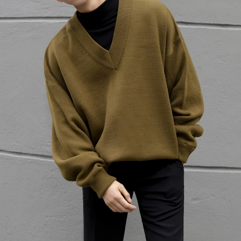 

Loose Men's Knitted Sweater V-Ne Long Sve Autumn Faion Casual Cotton Blend Outerwear Korean Sle MRCYC Brand