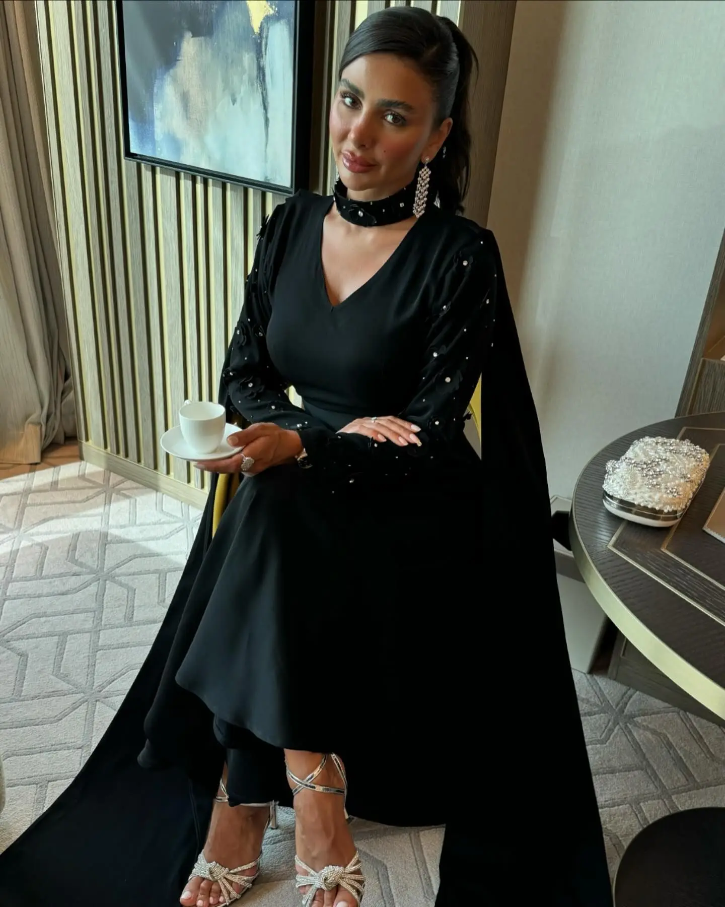 Customized Jersey Straight Pearls and Ribbons Evening Dress V-Neck Floor Length Long Sleeves Watteau Train Black Delicate