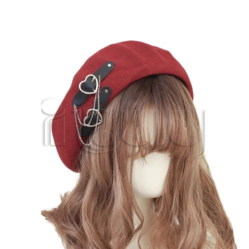 여성용 고딕 로리타 블랙 펑크 베레모, 하라주쿠, 통기성 하트 버클, 비니 JK 모자 액세서리, 여름
