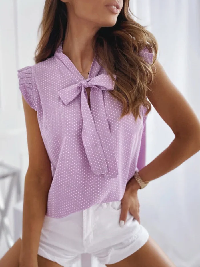 

2026 Spring/Summer New Arrival - Elegant Polka Dot Bow Collar Sleeveless Blouse/Top for Women, Perfect for Commute
