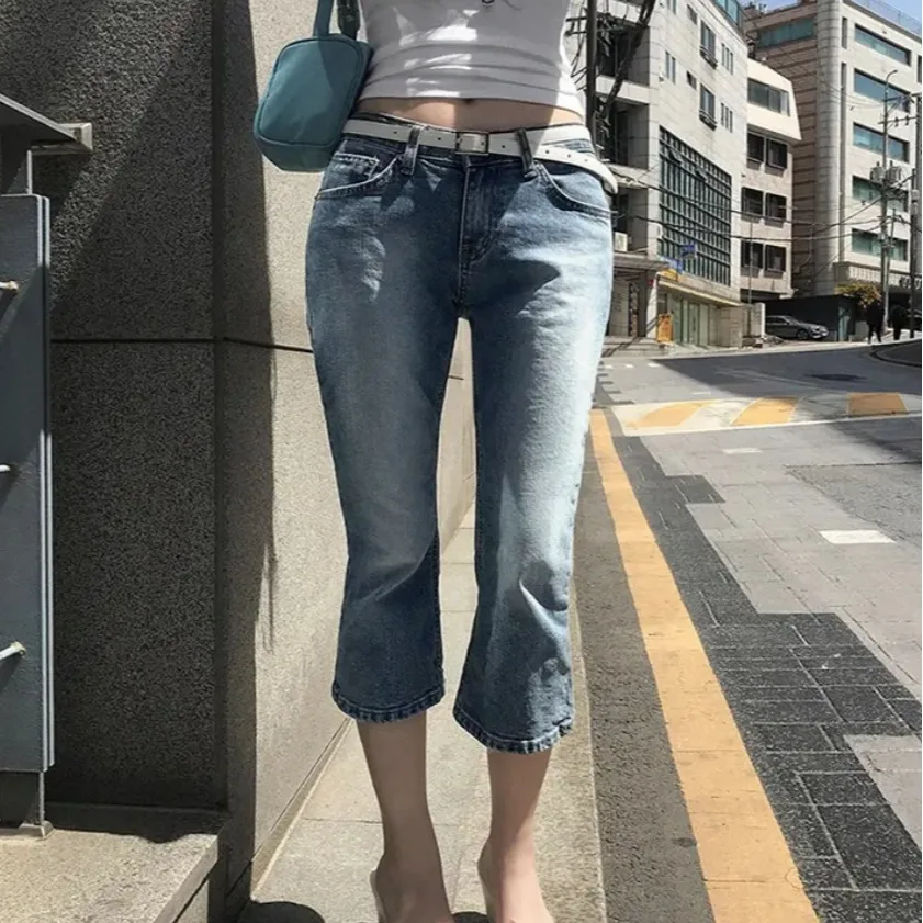 

Slim Fit Straight Leg Seven Inch Chic Korean Style Fashionable Versatile Denim Pants High Waist Casual Wear Resistant Stretch