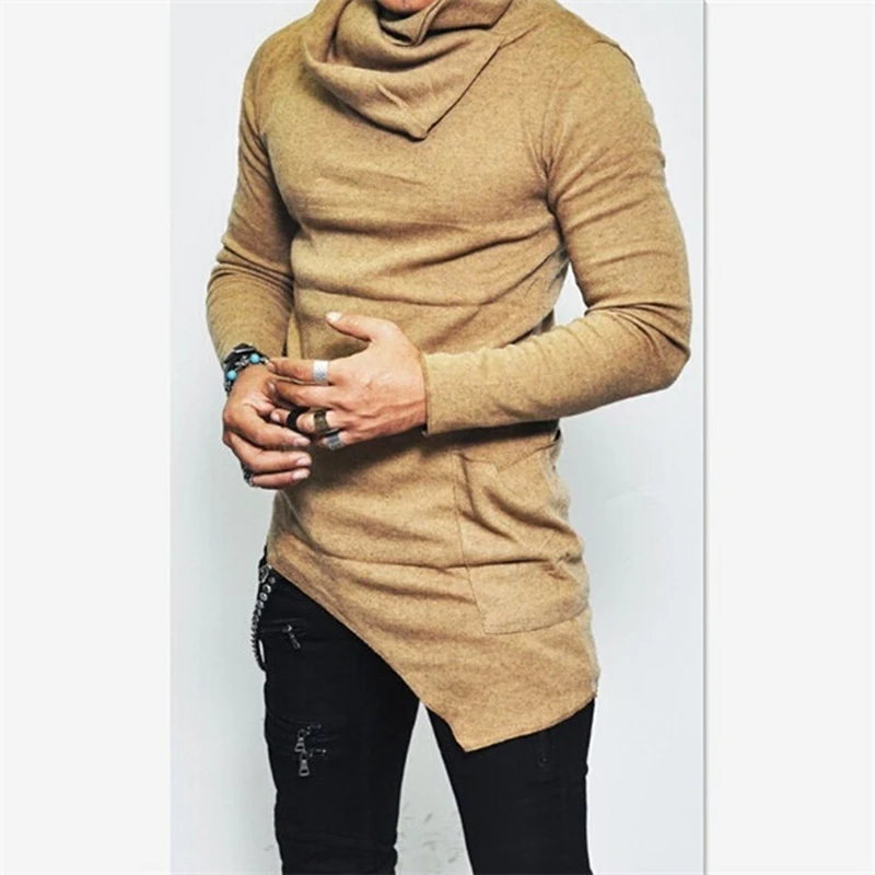 Plus Size 5XL Men\'s Hoodies Unbalance Hem Pocket Long Sleeve Sweatshirt For Men Clothing Autumn Turtleneck Sweatshirt Top Hoodie