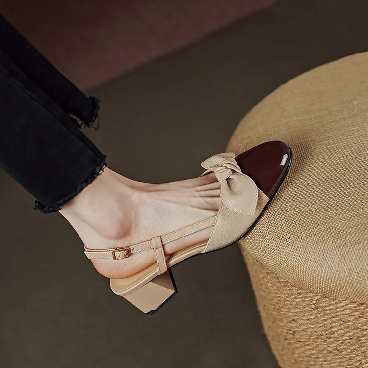 

2023 Spring/Summer Full Leather Thick Heel Round Head Bow Buckle Wrap Back Hollow Women's Sandals Retro Small Fragrant High Heel