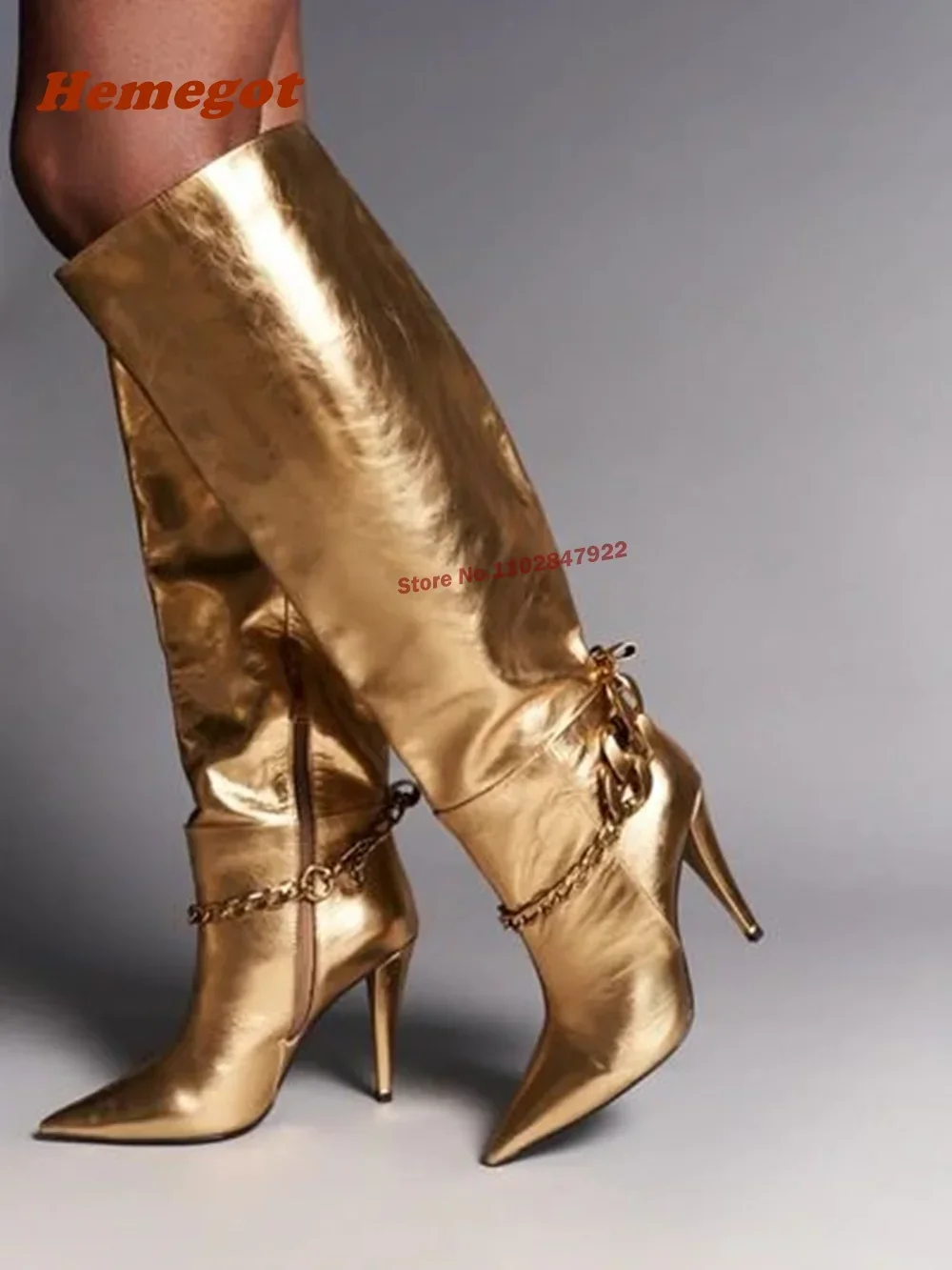 Gold Chain Glossed Leather Boots Pointy Toe High Heels Side Zipper Winter Knee Boots Female Solid Newest Fashion Shoes Sexy 2024