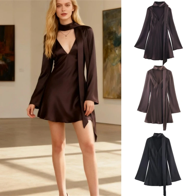 Women's High-Street Chic Satin Scarf Dress Autumn/Winter 2025 New Collection Fashionable Streetwear