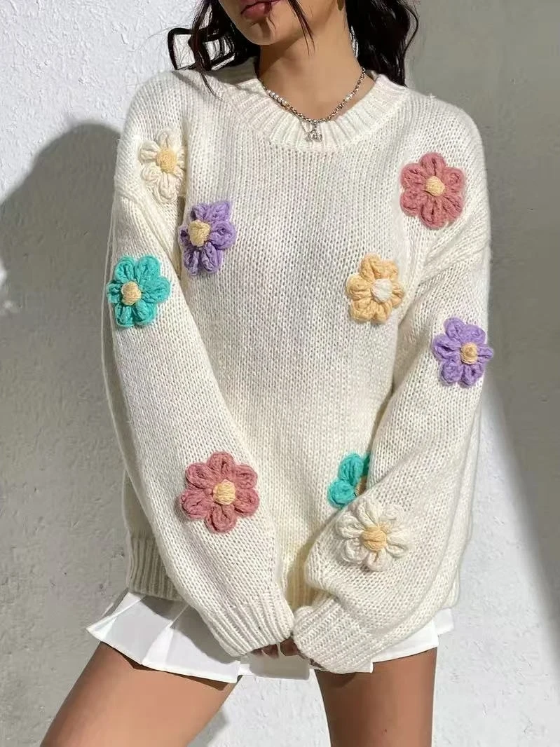 

Loose Knit Sweater Women round Ne 3D Flower Pattern Long Sve Casual Comfortable Fit Knitted Sweater Autumn Faion