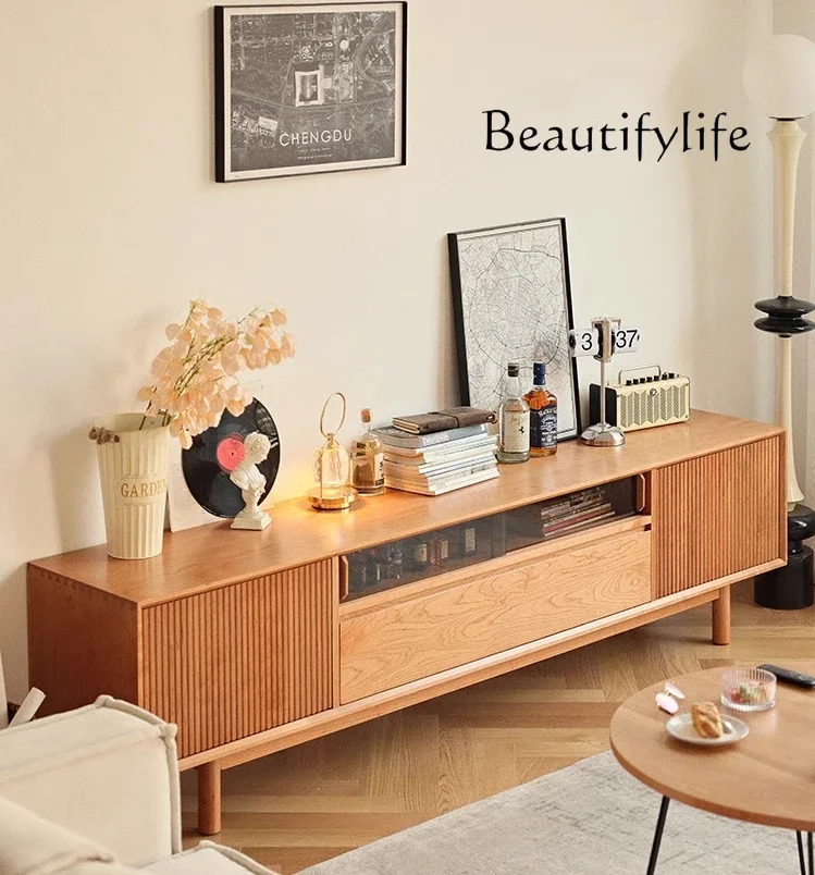 

Nordic Solid Wood TV Cabinet Japanese Simple Cherrywood Log Living Room Retro Storage Locker