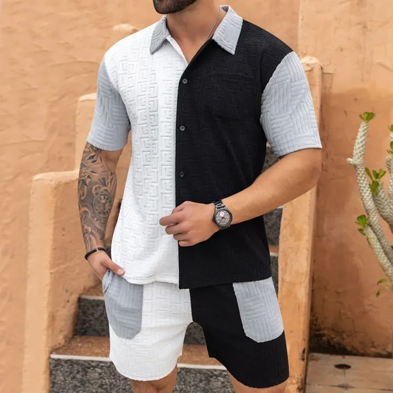 Summer New Men's Knitted Jacquard Sports Casual Fashion Splicing Suit