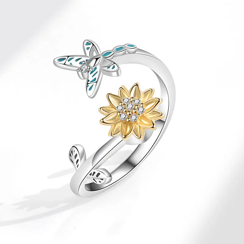 Fashion Crystal Anxiety Relief Spinning Ring For Girl Copper Butterfly Flower Wedding Rotating Rings Fidget Metal Spinner
