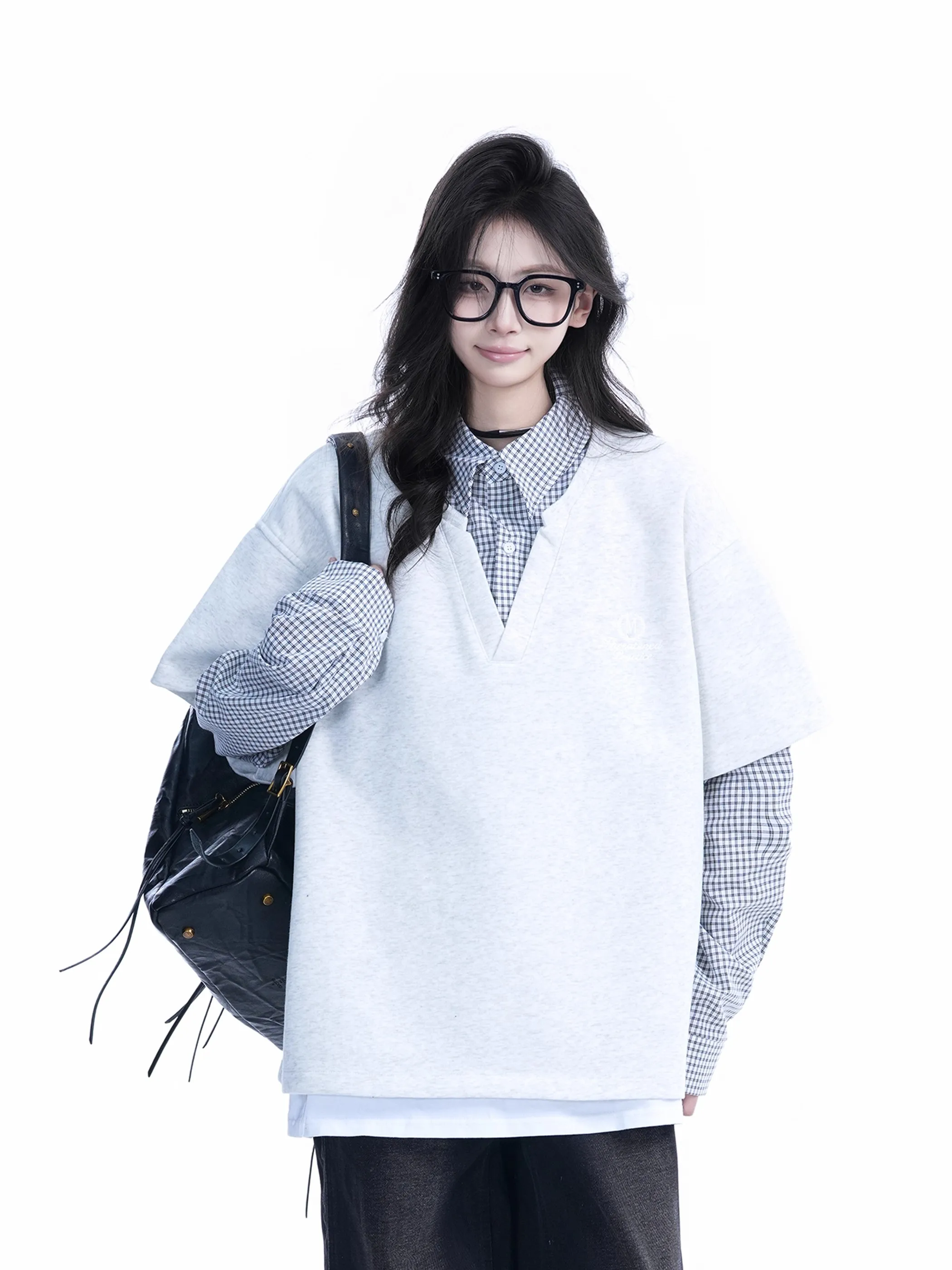 American College Sle Patchwork Fake Two-Piece Sweatirt Casual Long Sve  irt Collar ex Comfortable Fit Hoodie