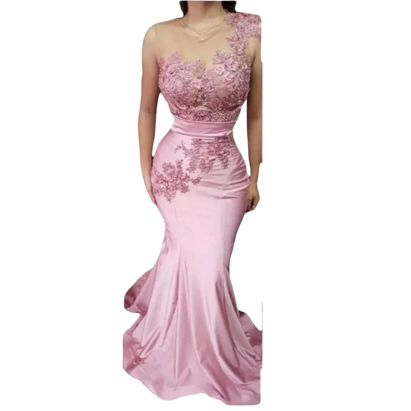 Illusion Mermaid Prom Dress Transparent One Shoulder Evening Gown Lace Appliques Sweep Train Pink Birthday Dress Customized