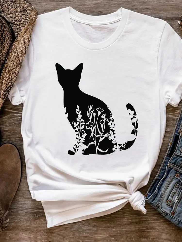 

Cat Trend Lovely Style Cute Tee Basic Women Clothes Clothing Print T Shirt Short Sleeve Summer Top Fashion Graphic T-shirt