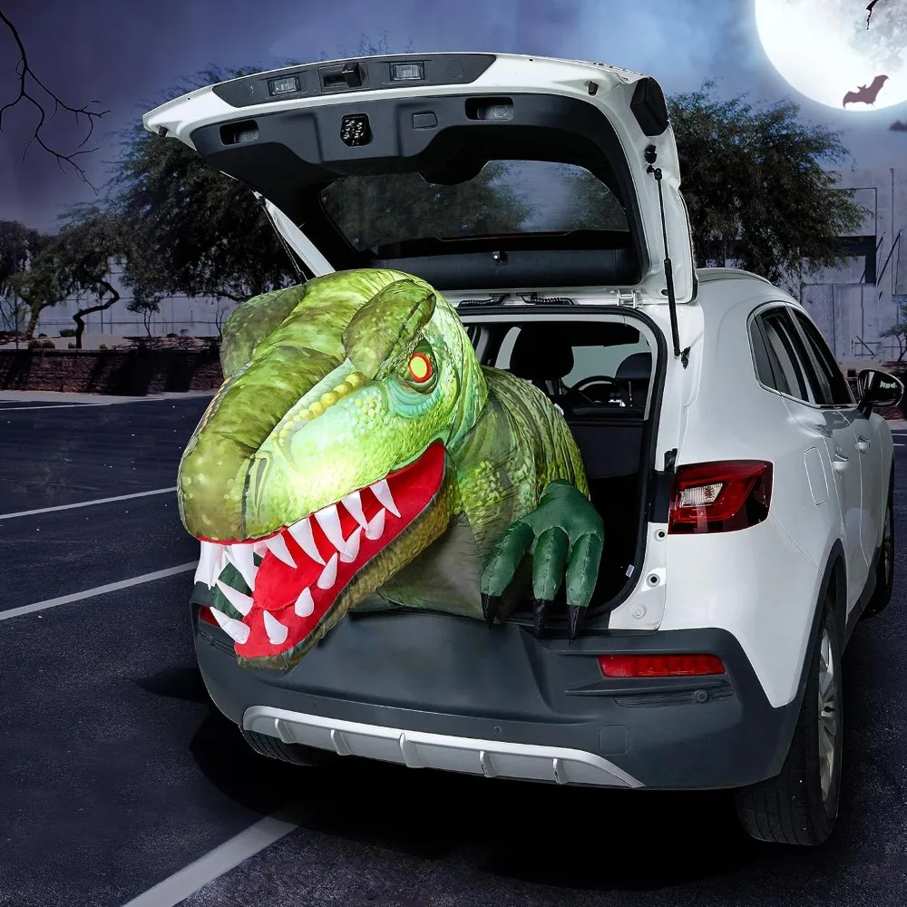 Animierte Trunk or Treat Auto-Halloween-Aufblasdekoration für den Außenbereich, animierter Dinosaurier mit LEDs für die Gartendekoration