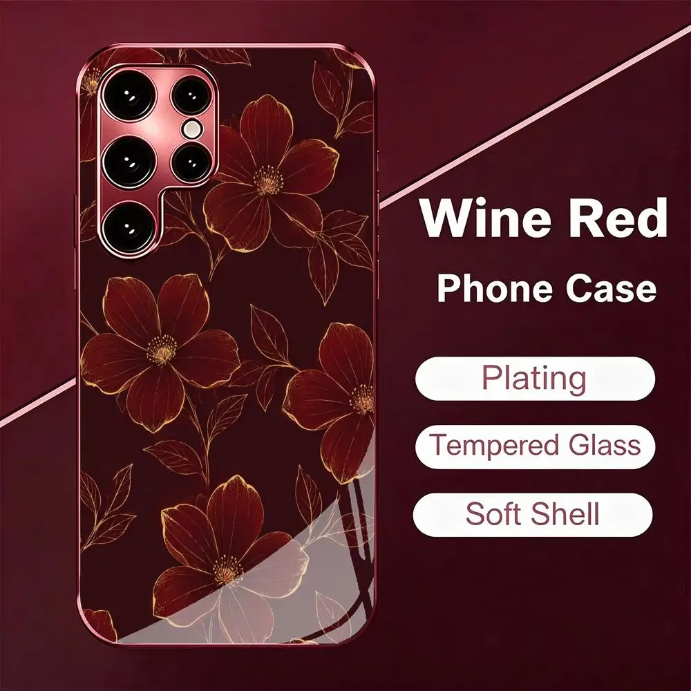 Retro Red Flower Design Phone Case for Samsung Galaxy S26 S25 S24 S23 S22 S21FE Ultra Plus Electroplated Glass Hard TPU Shell