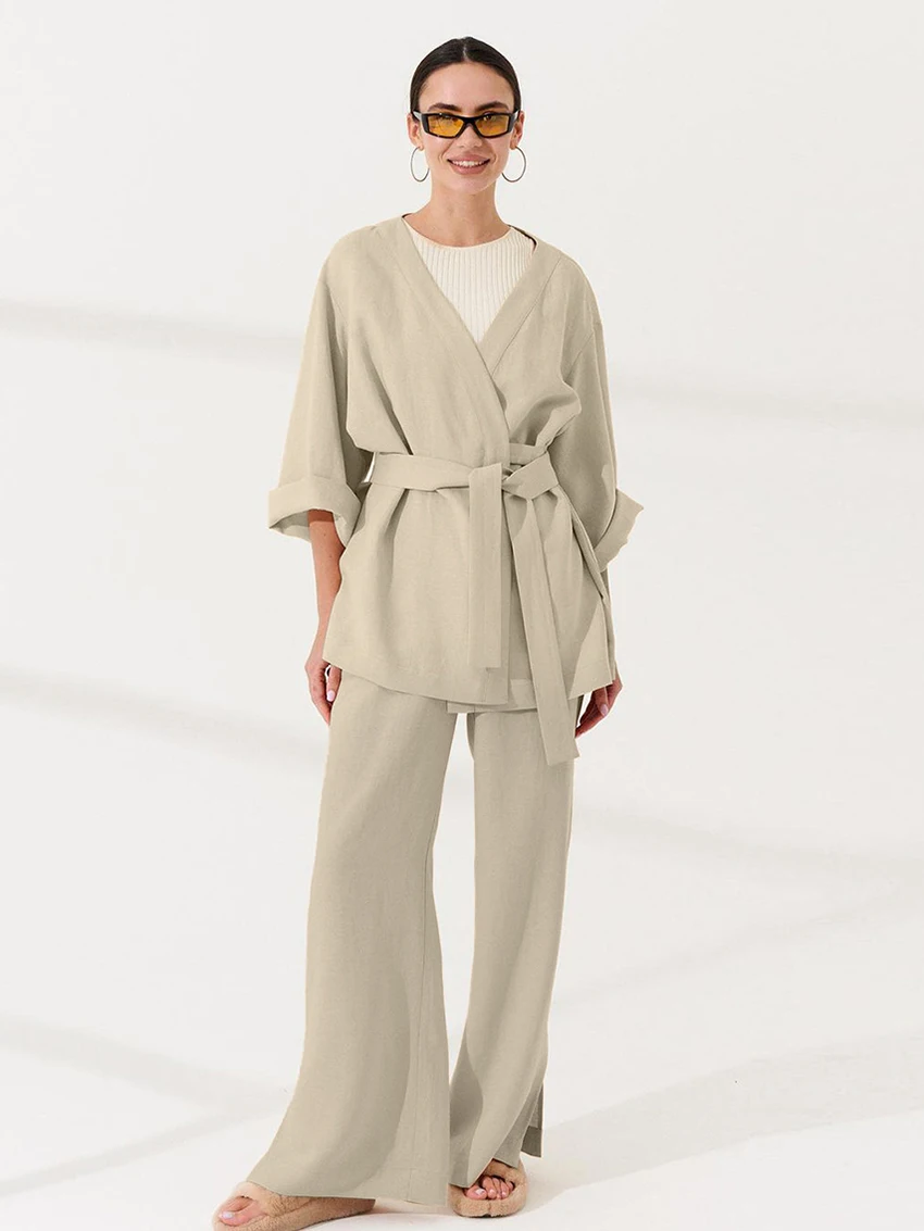 Marthaqiqi Cotton Women Sleepwear Set Sexy V-Neck Pajamas Long Sleeve Robe Lace Up Nightgowns Pants Casual Ladies Nightwear Suit