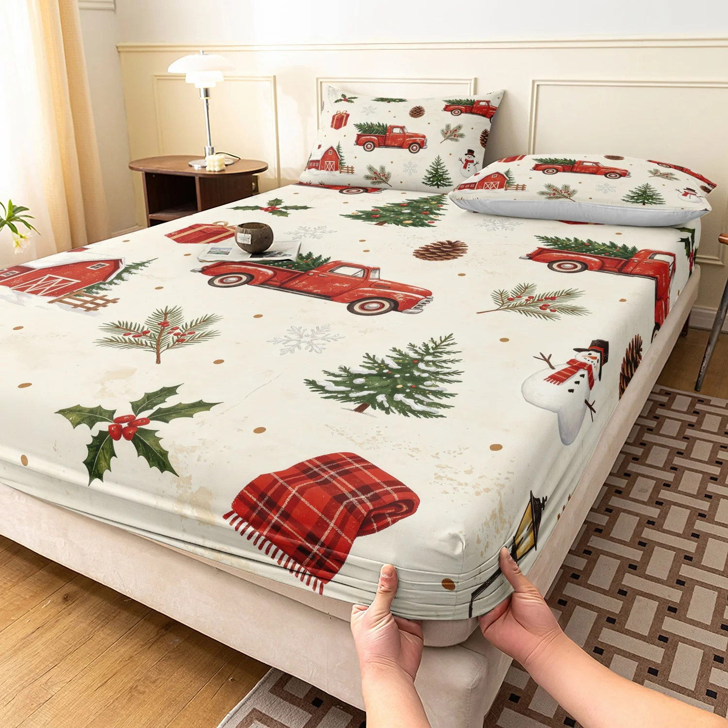 3Pcs Farmhouse Retro Christmas Bedding Set, Antique Red Pickup Truck Xmas Tree Snowman Print Fitted Sheet Set,Festive Home Decor