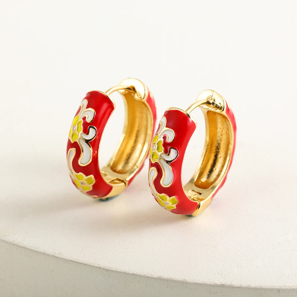 Colorful Enamel Flower Small Hoop Earrings Trendy Geometric Statement Round Circle Huggie Earring Vintage Jewelry Brincos