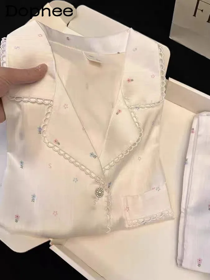 Summer Fresh Ice Silk Pajamas Korean Version of High-end Floral Short-sleeved Trousers Can Be Worn Outside Thin Loungewear Suit