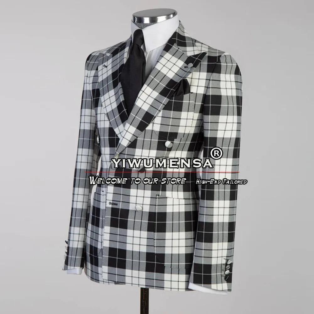 Classic White Black Plaid Suits Men Tailore Made Double Breasted Blazer Formal Business Office 2 Pieces Groom Tuxedos Bespoke