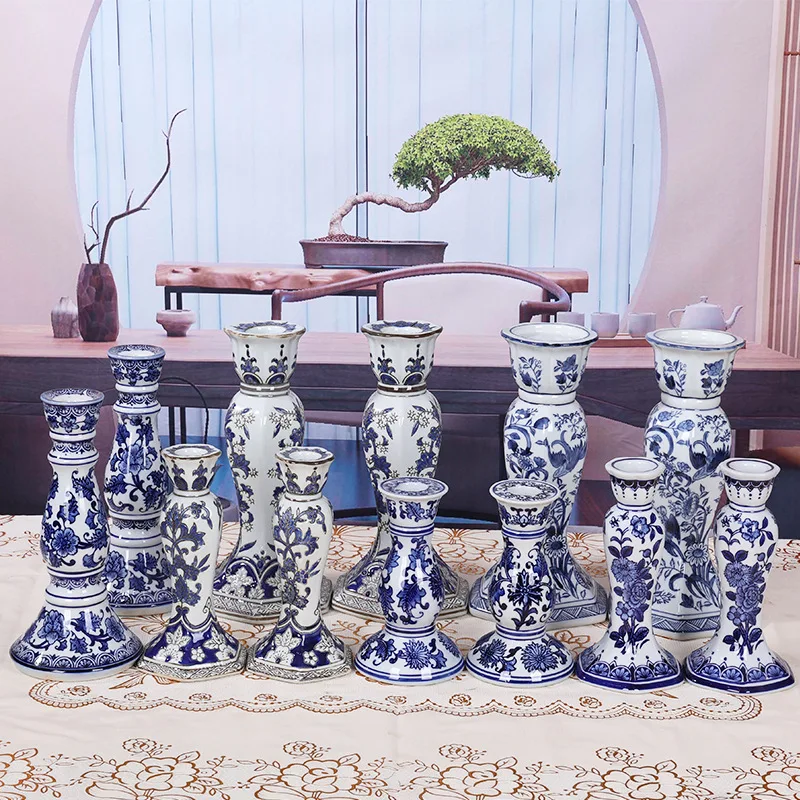 Blue and White Porcelain Candlestick Candle Holder Chinese-style Retro Candle Stick Holder Centerpieces Home Decoration