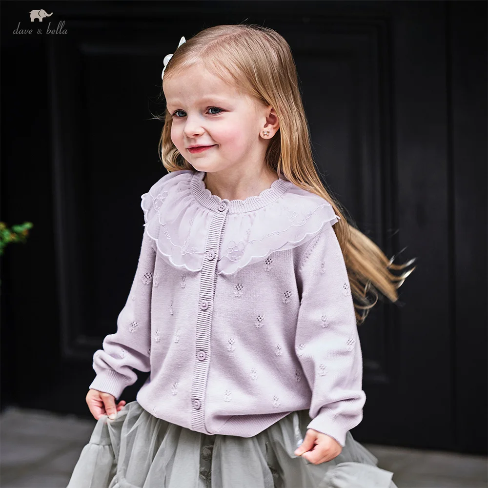 Dave Bella Girls Baby Sweater Pullover Gentle Cute Mesh Petal Collar Children Knitwear Girls' Knitted Cardigan Elegant DB3252641
