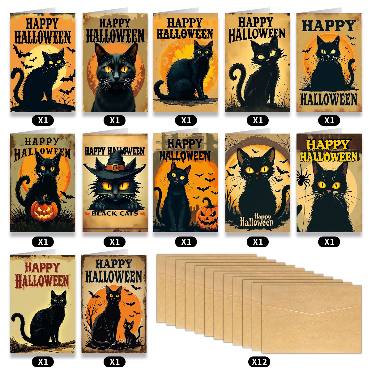 12 Stück Happy Halloween Grußkarten mit Umschlag, schwarze Katze Kürbis Illustration, Halloween Party Dekor Einladung Geschenke Karten