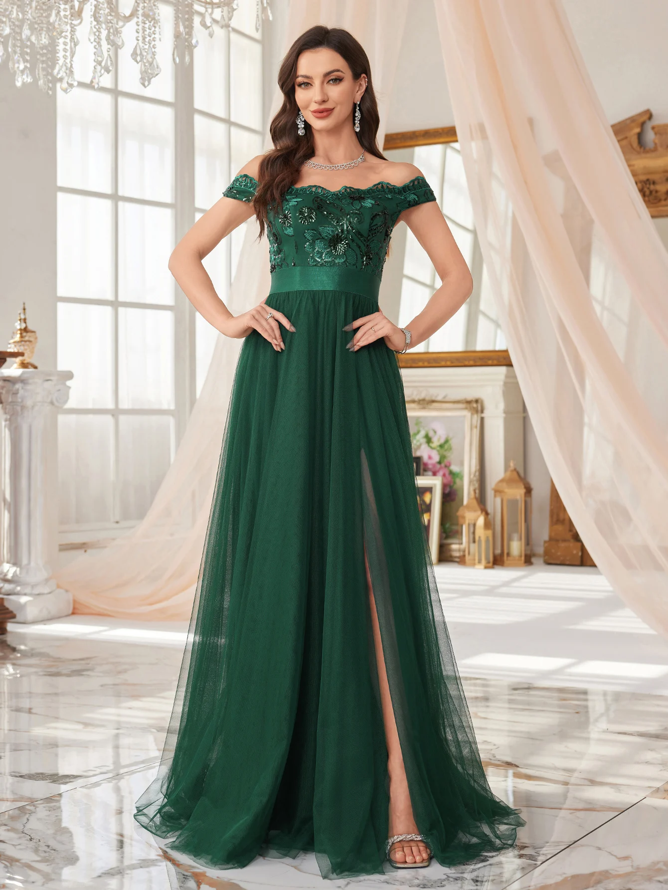 UNITHORSE Abito da donna elegante con spalle scoperte, alta fattura, perline, cuciture con paillettes, vita stretta, abito da ballo con spacco alto, tessuto a rete