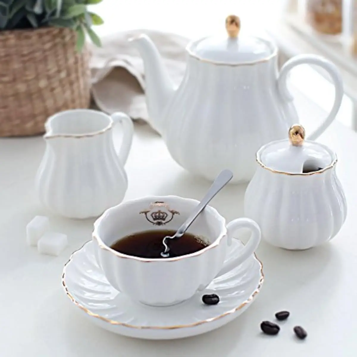 Porcelain Tea Service Royal Style Pumpkin Shape 6 Person Set Includes Cups Saucers Teapot Sugar Bowl Creamer Stainless Strainer