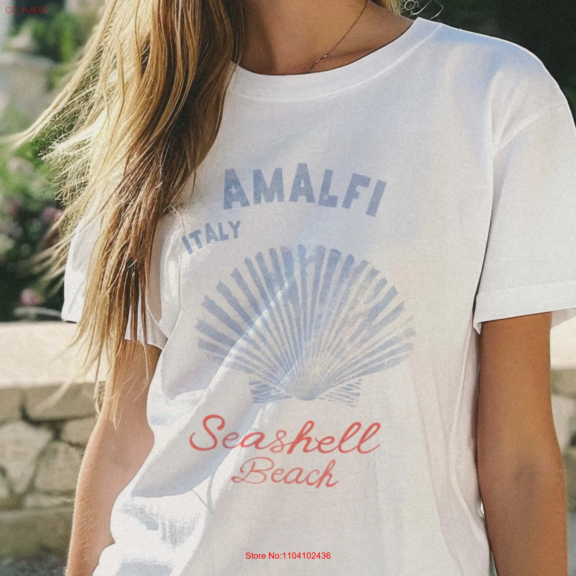 Amalfi Italy Seashell Beach T Shirt Vintage Coastal Style Soft Cotton Summer Vacation long or short sleeves