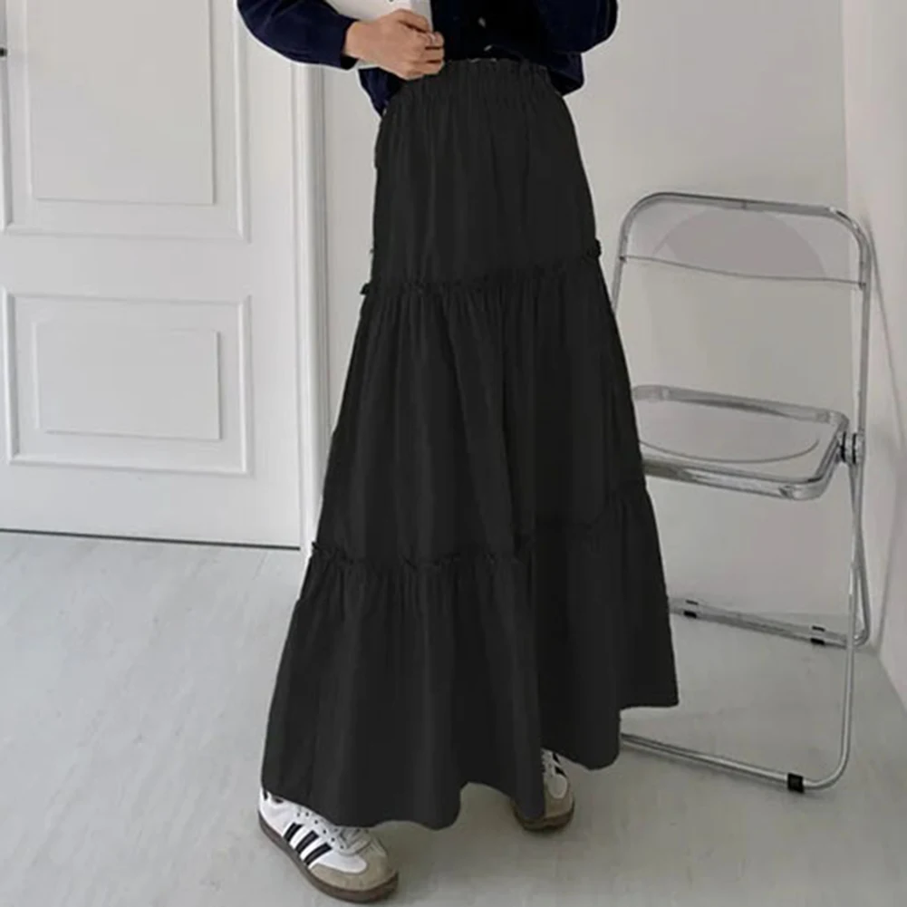 

Elastic Waist Women Pleated Skirts Vintage Streetwear Skirts Slight Stretch Solid Color Casual Style For Vacation