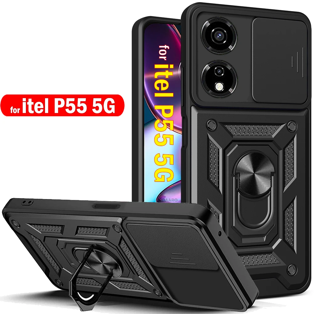 Slide Lens Armor Funda for Itel P55 5G Case for itel P55 5G P661N Case Magnetic Ring Stand Holder Cover Shockproof Back Capa