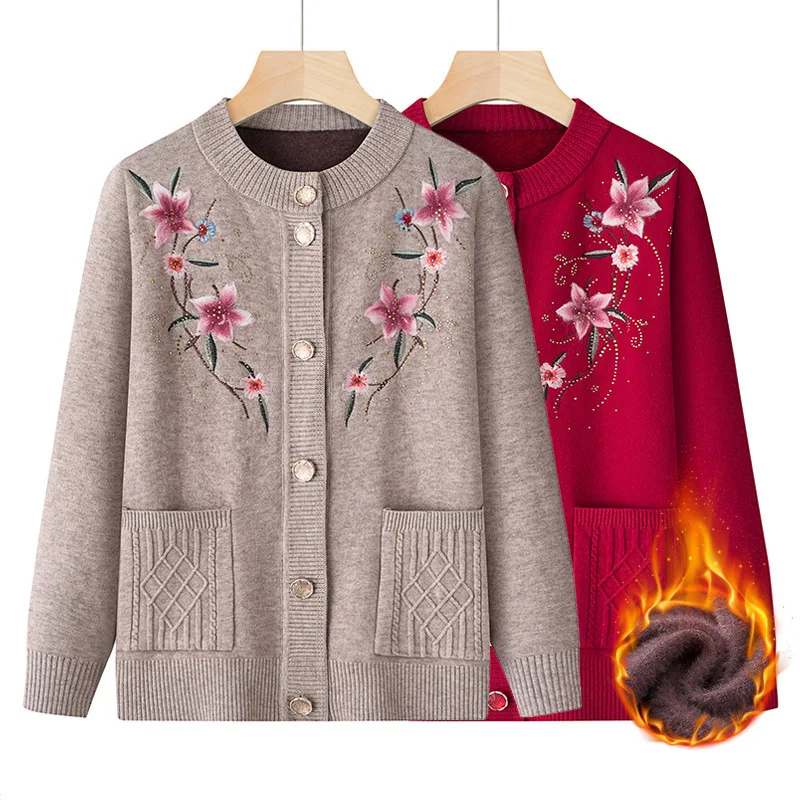 Neue Herbst Winter Oma Plus Samt Pullover Mantel Warme Mutter Mittleren Alters Gestrickte Pullover Bestickte Strickjacke Top für Frauen