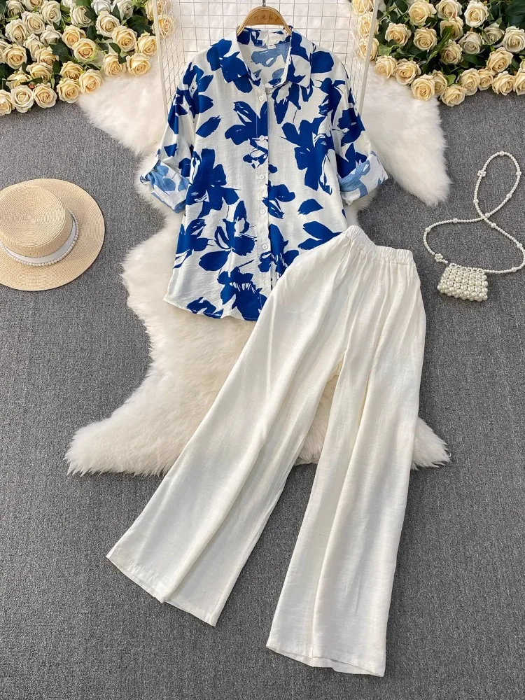 

Повседневная рубашка реглан с принтом листьев и лацканами + эластичные узкие широкие брюки с высокой талией, комплект из 2 предметов, весенне-летний женский костюм