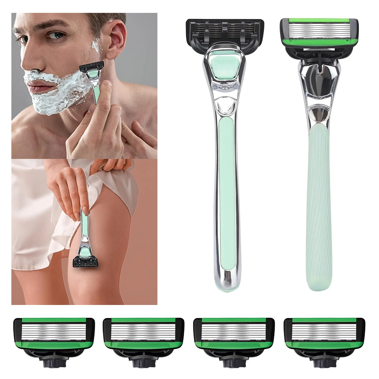 Green Men's Manual Razor Set 7-Layer Replaceable Blade Shaving Knife No Skin Damage Hair Removal Shaver for Smooth Skin