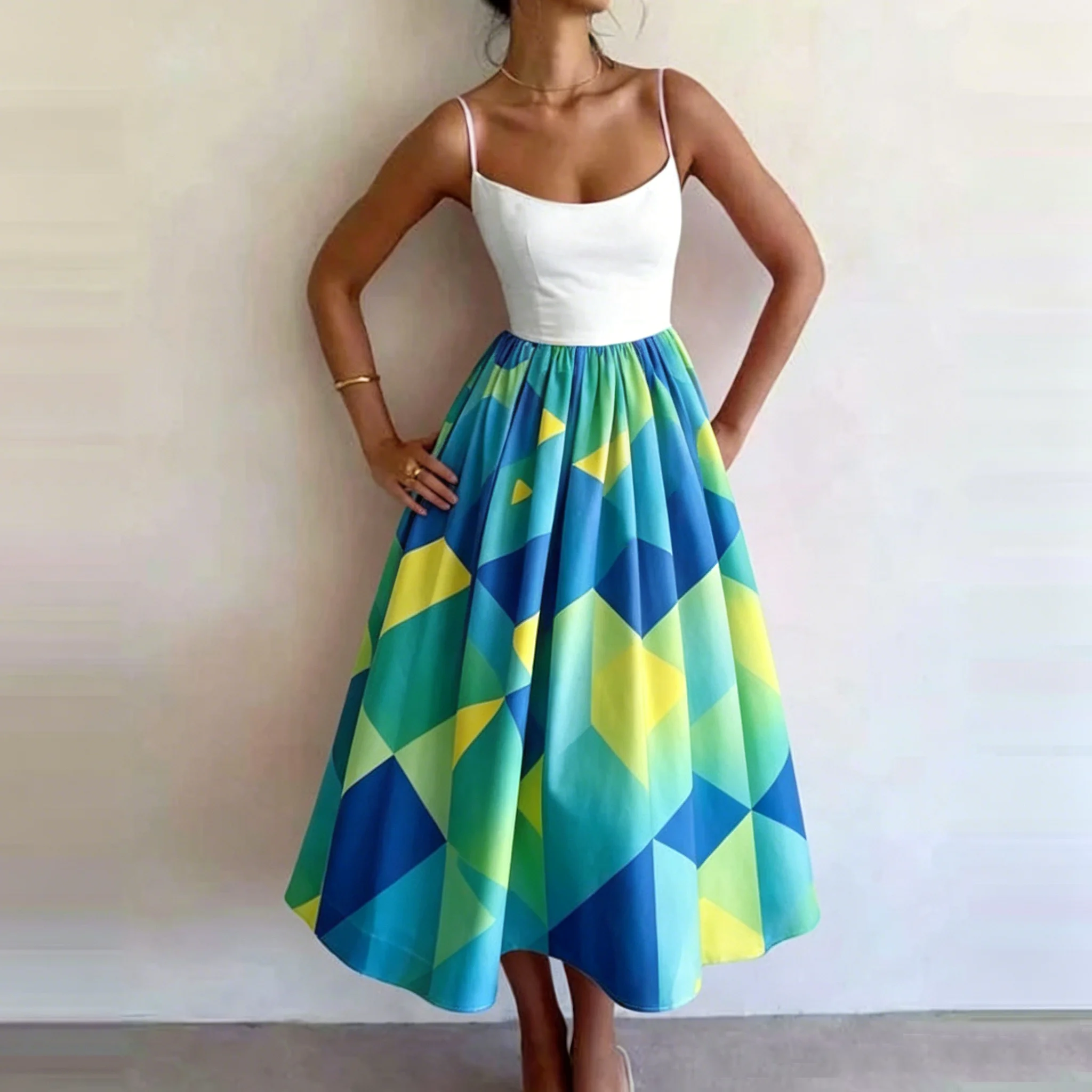 

Women's Blue Green Gradient Geometric Print Spaghetti Strap Midi Dress High Waist Elegant A-Line Dress Daily Casual Party Outfit