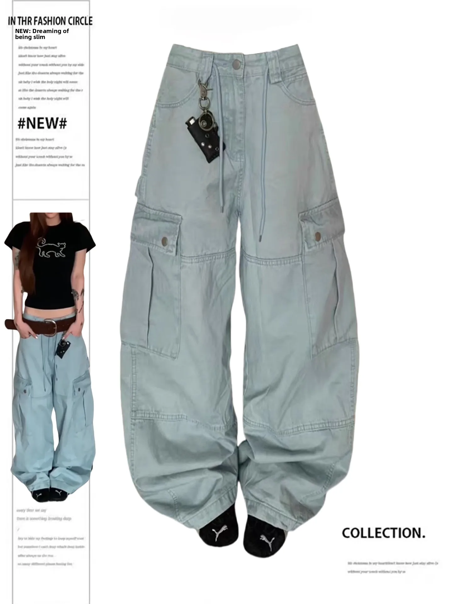 

Vintage Large ket Workwear Wide Leg Pants Women's Summer Street Sle Versatile Heavy Du Casual Long Jeans